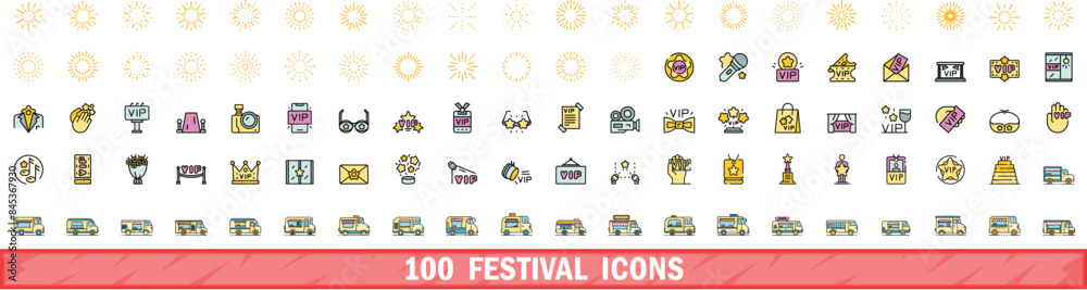 Sticker 100 festival icons set. color line set of festival vector icons thin line color flat on white - Stickers