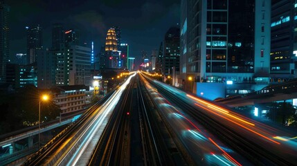 Fototapeta premium road and the light trails of sky train at night