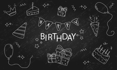 Set of Birthday Doodle on a Blackboard with Grunge Texture, Decoration Outline Elements, Concept Illustration, Web Graphic, Liner Element, Party, Sketch, Vector Illustration, Icons Collection