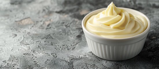 A white bowl of vanilla pudding on a grey background with space for text. Sugary treat for your sweet tooth.