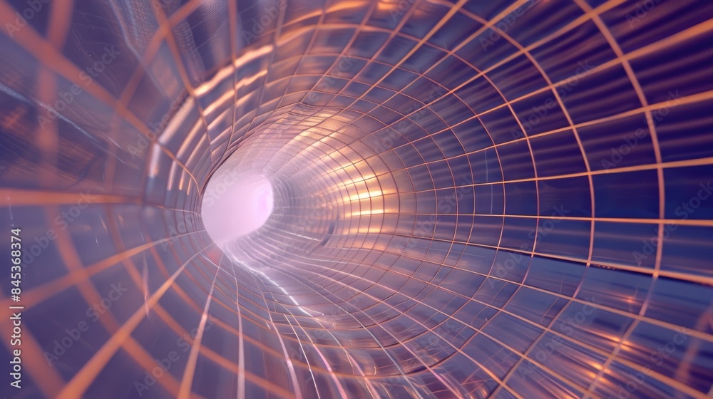 Poster abstract three dimensional rendering of geometric surfaces lines and points in a tunnel like grid