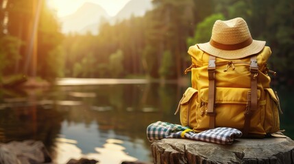 Obraz premium Hiking backpack with climbing equipment and outdoor accessories on stone table, lake in mountains background.