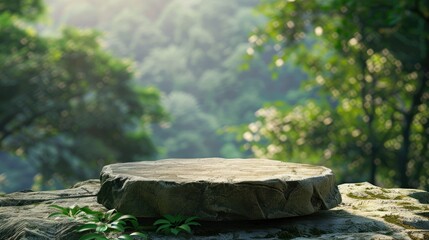 Obraz premium rock pedestal for a product display stand green forest and blurred on the background natural scenery landscape 