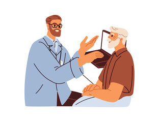 Doctor consulting old man, elderly patient. Senior person during medical appointment, discussing health with physician in clinic. Geriatric care. Flat vector illustration isolated on white background