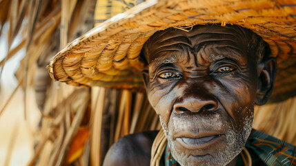 An elderly African tribesman wearing a traditional hat, with a woven hut in the background, shows the beauty and richness of the culture of his people.
