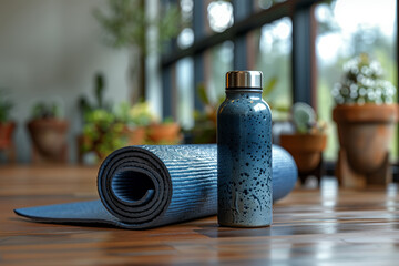 A yoga mat and water bottle on a gym floor, symbolizing fitness, health, and an active lifestyle