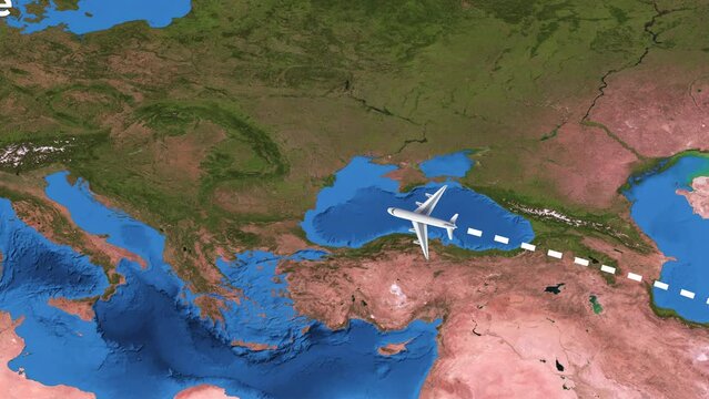 International flight travel route from Bangkok to Paris on worlds map in 4K
