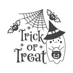 Trick or Treat Halloween vector quote. Cute ghost vector illustration.  Halloween haunted, boo spooky. Happy Holiday quote funny design isolated on white background.