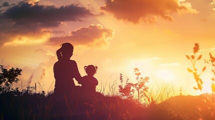 Obraz premium Mother and Child Silhouette with Natural Sunset Landscape