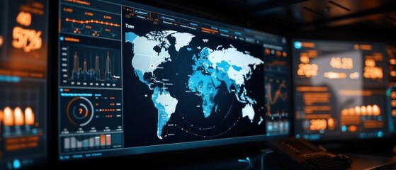 Dynamic dashboard showing world map data and charts on a dark monitor screen.