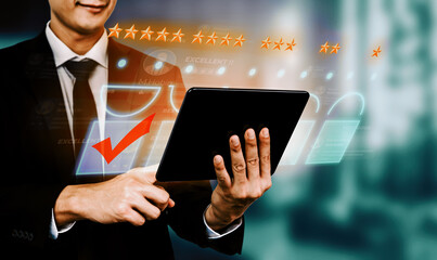 Customer review satisfaction feedback survey concept. User give rating to service experience on...