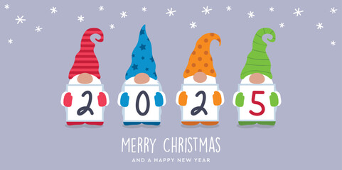 christmas and new year greeting card 2025 cute christmas dwarf vector illustration