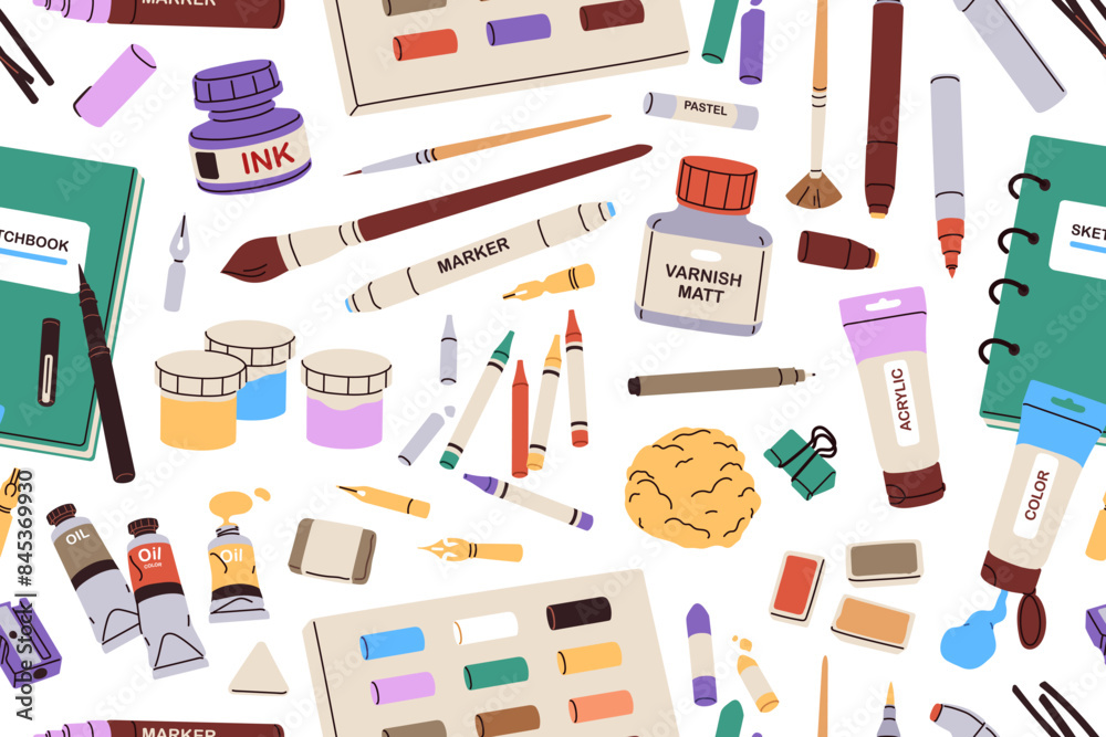 Poster art tools, supplies pattern. seamless background with creative stationery. endless print design for 