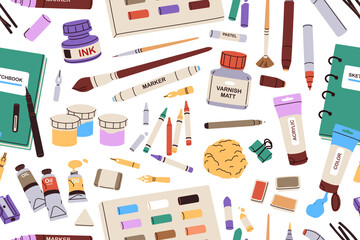 Art tools, supplies pattern. Seamless background with creative stationery. Endless print design for fabric, wrapping. Paint, ink, drawing accessories, sketchbook. Printable flat vector illustration