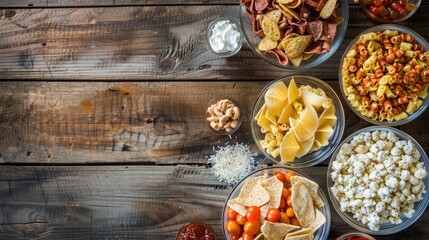 Fast food snacks displayed on wooden background in glass dishes for entertainment like TV shows games and sports events