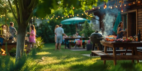 Summer evening garden party with lights, nature, and people enjoying leisure.