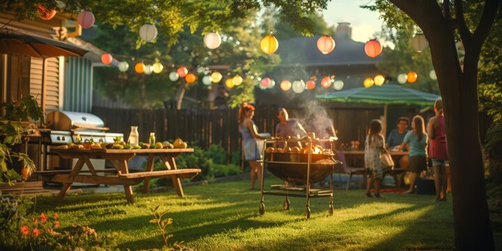 Summer garden party with family and friends enjoying food and the weekend.