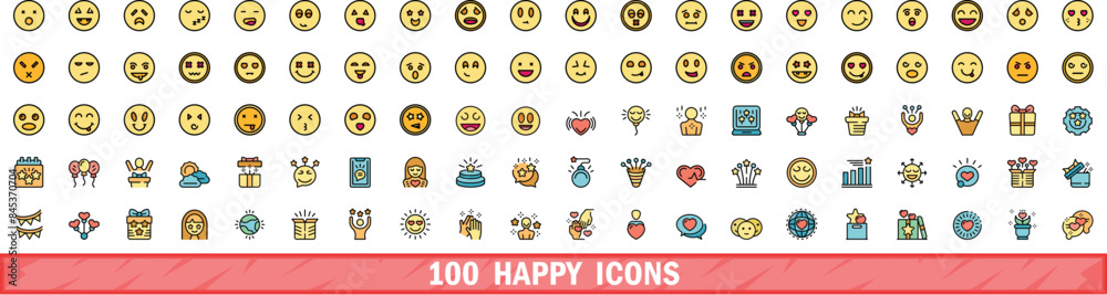Poster 100 happy icons set. color line set of happy vector icons thin line color flat on white - Posters