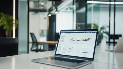 Laptop with statistical analysis on a bright office desk