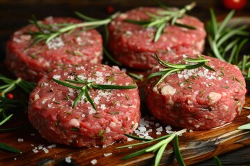 Closeup shot of raw beef patties seasoned with rosemary and coarse salt, arranged on a wooden board