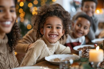 Joyful family enjoys a festive christmas dinner, smiling and laughing together at a beautifully decorated table. Warm lights and holiday decorations create a cozy and cheerful holiday atmosphere