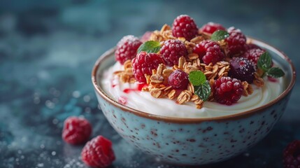 Top view of a healthy bowl of yogurt with granola, fresh raspberries, and a mint garnish on a blue background