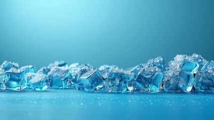 An icy blue background featuring scattered, glistening ice cubes with detailed textures