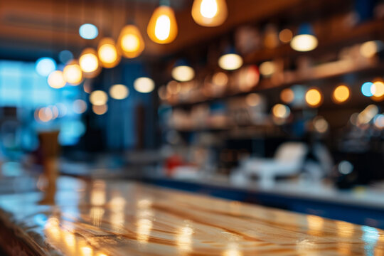 Blurred interior of a modern cafe with bokeh lights and wooden bar counter