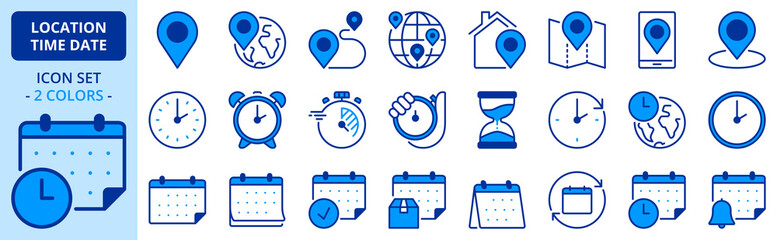 Icons in two colors about location, time and date