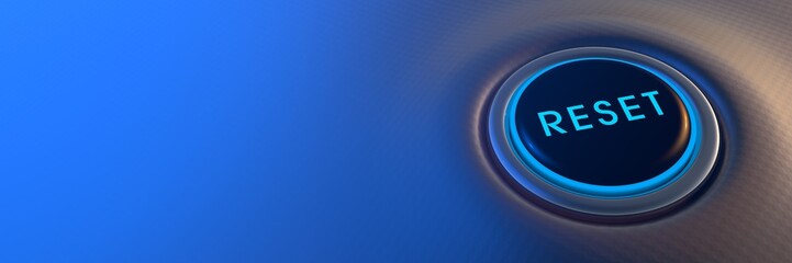 blue glowing reset button on metallic background, 