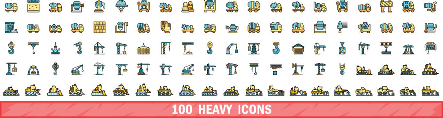 100 heavy icons set. Color line set of heavy vector icons thin line color flat on white