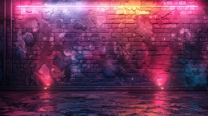 An urban grunge wall with peeling paint illuminated by multicolored neon lights