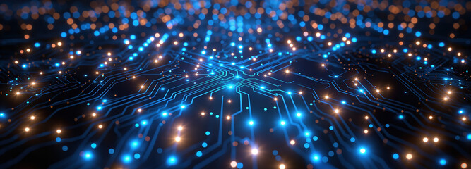 A computer circuit board with blue and orange lights
