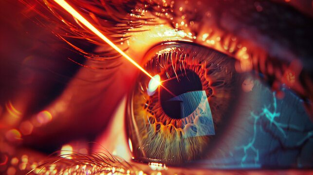 Laser eye correction for vision improvement. Beam and cornea close up LASIK procedure