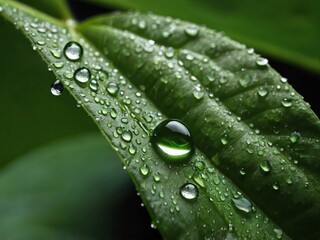 Water droplets glisten on a vibrant green leaf, showcasing exquisite details.