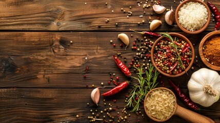 Various spices on aged wooden background. Top view with copy space. Chili  onion  garlic  rice  pepper  mortar  pestle  spices