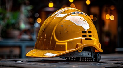 A well-worn yellow hard hat with visible scratches on a rustic wooden table, suggesting regular use in construction work