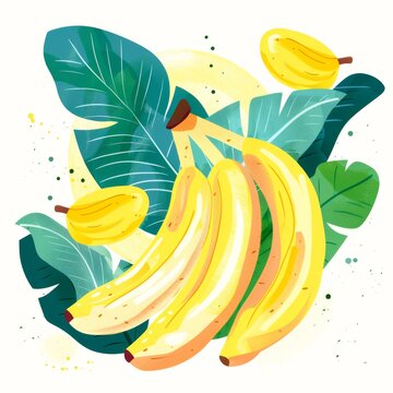 recommend clip art: A digital illustration of a bunch of ripe yellow bananas surrounded by green tropical leaves