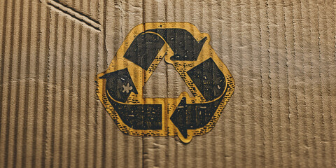 Caution symbol and wording on textured corrugated cardboard background.