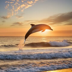 dolphin soaring over ocean waves at sunset © Baloch