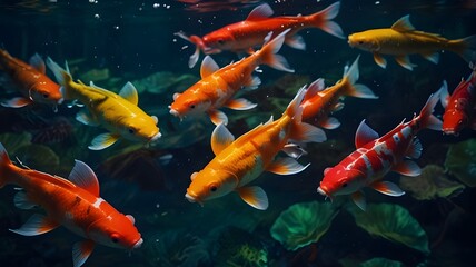 Group of vibrant koi fish gracefully swimming in a tank, ideal for tranquil and aquatic-themed designs