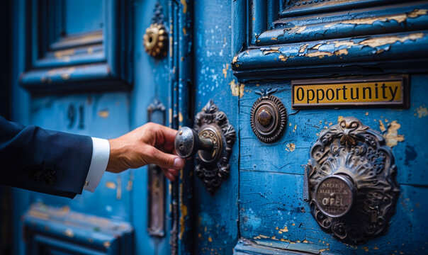 Man in a business suit reaching for a door knocker on a vintage door with a sign reading Opportunity, depicting the moment of seizing a chance