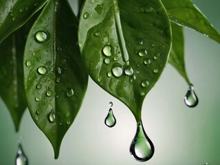 Water droplets glisten on a vibrant green leaf, showcasing exquisite details.