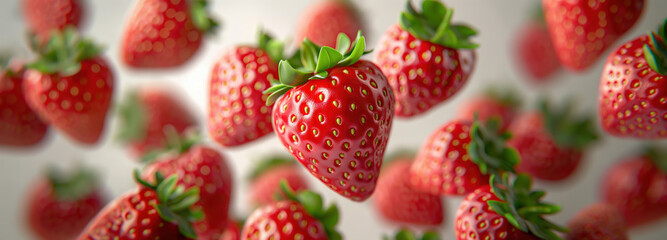 Strawberries are floating in the air above a white background