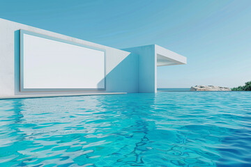 Blank white billboard in an elegant swimming pool, minimalist design with clear blue water