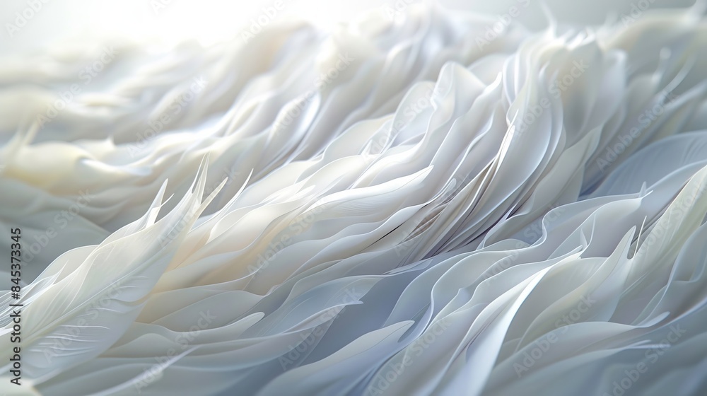 Poster An array of layered white feathers beautifully lit with soft, diffused lighting, creating a calming texture