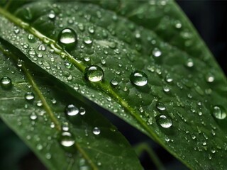 Water droplets glisten on a vibrant green leaf, showcasing exquisite details.