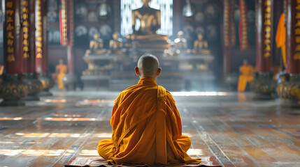 Buddhist monk in traditional orange robes leads peaceful meditation session with group of followers.