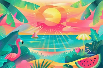 Obraz premium colorful tropical beach scene at sunset featuring a flamingo, watermelon, and lush foliage, creating a perfect summer vacation vibe.