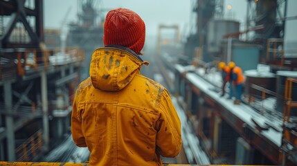 Obraz premium A worker in a yellow jacket and red beanie surveys an industrial construction site with others working